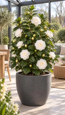 Image de Camélia blanc, environ 50 cm – Plante à fleurs persistante, idéale pour le jardin, la terrasse, la véranda et les pots, Image générée par une IA