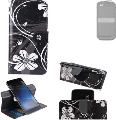 Produktbild von K-S-Trade Schutzhülle Handyhülle kompatibel mit Cat S60 Hülle 360° Wallet Case ''Flowers'' Klapphülle Hülle schwarz-weiß 1x