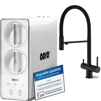 Produktbild von AORA GT600 Umkehrosmoseanlage Untertisch – 8-Stufen-Filtration, 3-Wege-Armatur, Trinkwasserfilter tanklos, Osmoseanlage, RO + ALPINA Schwarz
