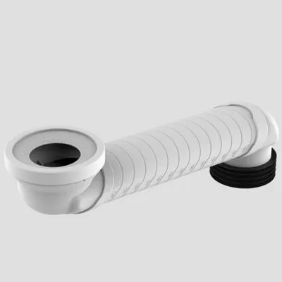 A white toilet offset bend pipe with black rubber seals on a light gray background.