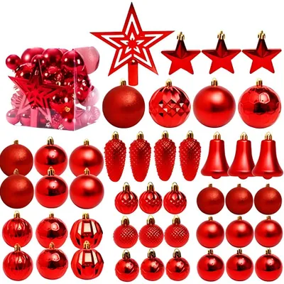 Productafbeelding van Kerstballen set, 45 stuks – Kerstboomballen, kunststof – Kerstboomversiering – Set met ballen, sterren en boomtop – Rood