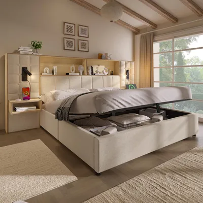 Immagine prodotto di Letto imbottito 180x200 con spazio contenitore, struttura letto beige, illuminazione LED e 2 lampade da lettura, 2 comodini integrati, porta di ricarica USB Type-C, rivestito in lino, include rete a doghe, senza materasso, colore beige