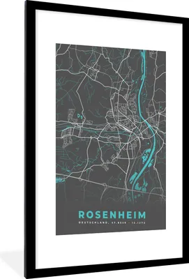 Produktbild von MuchoWow® Gerahmtes Poster Stadtplan - Karte - Rosenheim - Blau - Deutschland - Karte 60x90 cm - Poster mit Schwarzem Bilderrahmen Wandposter Rahmen Foto Bilder - Dekoration - Wandposter Wohnzimmer - Hochwertig