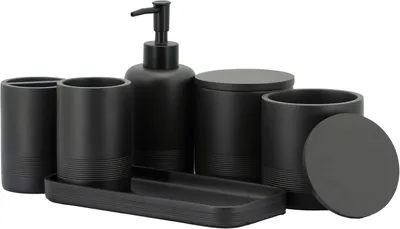 Obrázek produktu pro Sada doplňků do koupelny Badaccessoires, 6 kusů, černá matná barva, obsahuje držák na zubní kartáček a dávkovač mýdla