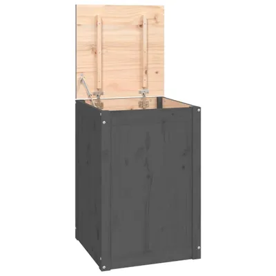 A dark gray wooden storage chest with its lid open, revealing the natural wood interior and hinges. The chest is shown against a plain white background.