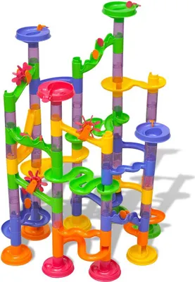 A colorful marble run toy set with multiple tubes, funnels, and accessories.