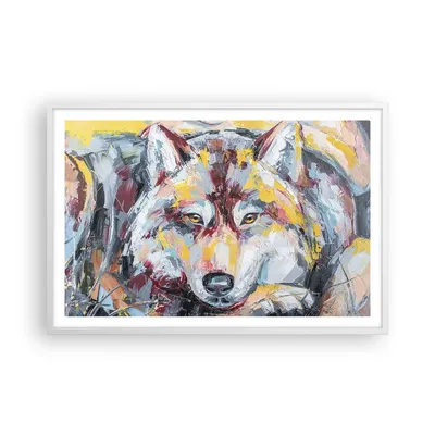 Produktbild von Gerahmtes Poster - Weißer Rahmen - Öl Wolf Hund - 91,5x61 cm - Wand Bild - Wanddeko - Wandbilder - Kunstposter - Wandposter - Bilderrahmen - Bilder - Kunstdruck - Wanddekoration - P2WAA91x61-4673