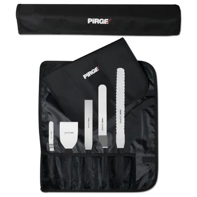 Produktbild von Pirge Creme Profi Gebäckwerkzeuge Set mit Tasche 6 Stück - Torten Winkelpalette Set - Konditormesser - Tortenmesser - Streichpalette - Spachtel