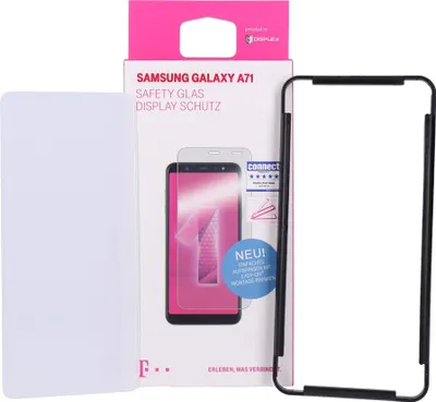The image shows the packaging of a Samsung Galaxy A71 display protection glass, along with the product itself.