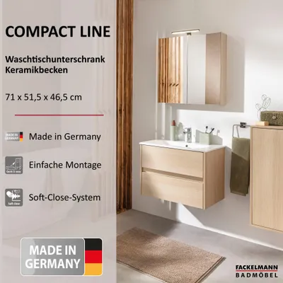 Produktbild von FACKELMANN COMPACT LINE Waschbecken mit Unterschrank 71 cm, Braun hell, Keramik Weiß, 2 Schubladen für modernes Badezimmerdesign