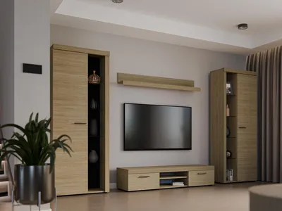 Produktbild von Wohnwand RUMBA XL DO01– Eiche geölt – 300 cm – 2 Türen, 1 Klappe, Glasboden – Moderne Wohnzimmermöbel
