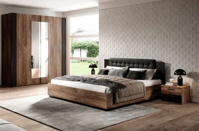Produktbild von Schlafzimmer-Set komplett Sigma 4-teilig Ausführung Bett 180cm Flagstaf Eiche dunkel - kupferrote App. / schwarz
