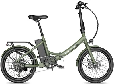 A studio shot of a green electric bicycle against a white background.