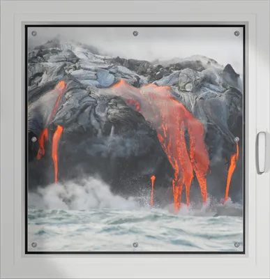 Produktbild von Wallario Lichtschutzbild, Dekorativer Sichtschutz Sonnenschutz 96 x 100 cm mit Motiv: Lavastrom ins Meer - Verdunklung ohne Bohren