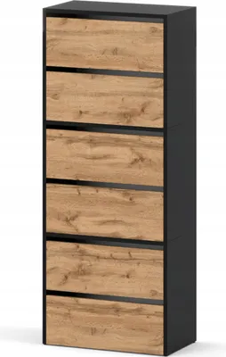 A tall, narrow shoe cabinet with five drawers, each featuring a wood-grain front and a black accent strip.