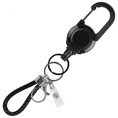 Image de Lanière rétractable avec porte-carte, porte-clés multifonctionnel pour carte d'identité/carte-clé, câble en acier avec mousqueton, robuste et utilisable d'une seule main, compact pour se glisser dans la poche.