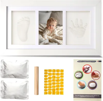 Image de Kit pour réaliser des empreintes de mains de bébé, en bois, de couleur blanche, idéal pour une fête pour bébé