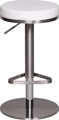 A white bar stool with a silver base and adjustable height.