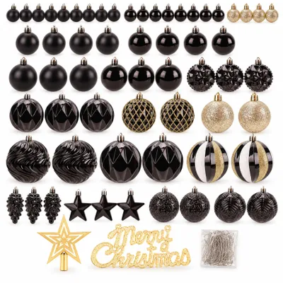 Produktbild von Weihnachtskugeln Schwarz Gold, Weihnachtsdeko 66er Set in 12 Verschiedene Modelle, Bruchsichere Christbaumschmuck, Weihnachten Deko mit Haken