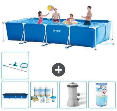 Produktbild von Rechteckiges Schwimmbecken - 450 x 220 x 84 cm - Blau - Beim Lieferumfang: Abdeckvorhang - Wartungspaket - Schwimmbeckenpumpe - Filter - Reinigungssatz