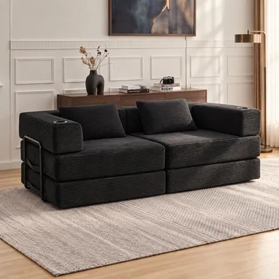 Produktbild von Modulares Sofa 2-Sitzer Cord,Klappbar & Ausziehbar als Schlafsofa,Mit 2 Kissen, Becherhaltern & Seitentasche,Weich & Ohne Montage