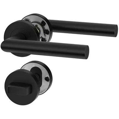 A set of black door handles and a lock mechanism on a white background.