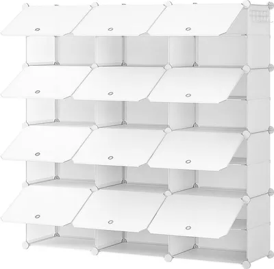 Schuhregal mit 12 Fächern für 48 Paare - Weiß - Kunststoff - Schmal - Mit Türen - 40 x 30 x 30 cm - EWT38SC01G1