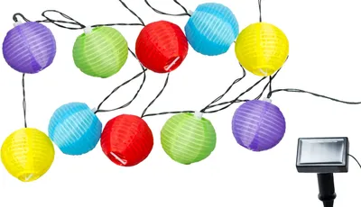 A string of colorful solar-powered lantern lights with a solar panel.