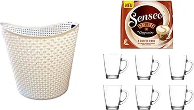 Produktbild von Senseo Cappuccino Baileys 8 Pads für geeignet Senseo und weitere Kaffeemaschinen Aktion+ 6 Kaffeebecher mit Henkel plus Wäschekorbaktion Rattan-Design 27 Liter Senseo Kaffeepads