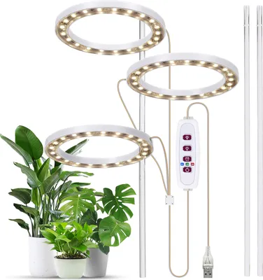 A set of three ring-shaped LED grow lights mounted on adjustable poles, positioned above several potted houseplants. A white control unit with buttons is attached to one of the poles.