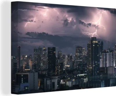 Zdjęcie produktu dla OneMillionCanvasses® - Obrazy na płótnie - 140x90 cm, Burza z piorunami nad Bangkokiem, dekoracja ścienna - Zdjęcie na płótnie - Obraz na drewnianej ramie