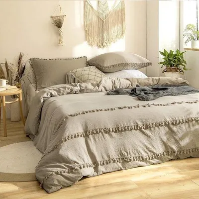 Image de Parure de lit bohème chic 220 x 240 cm, 3 pièces, kaki à franges, en microfibre