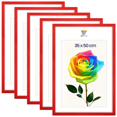 Produktbild von MG Design 5er Set Bilderrahmen 35 x 50 cm - Posterrahmen mit Rot Echtholzrahmen und bruchsicherem Acrylglas, Hoch & Quer mit stabiler Wandaufhängung