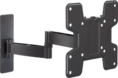 A black, articulated wall mount for a display screen is shown against a white background.
