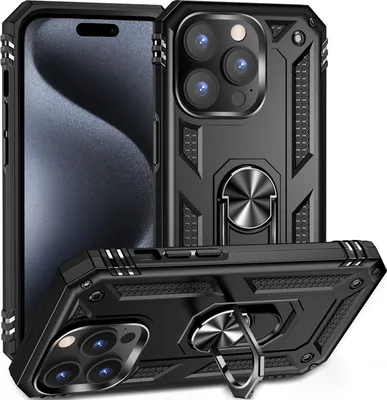 Produktbild von Schutzhülle für iPhone 15 Pro, Dual Layer Militäre Fallschutz Hülle mit Ringhalterung Ständer für iPhone 15 Pro Schwarz