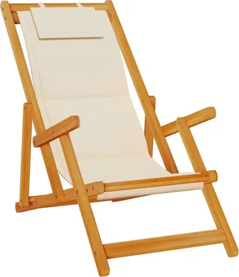A studio shot of a wooden deck chair with a cream fabric seat and headrest.