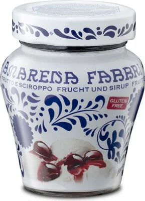 Produktbild von Food-United AMARENA FABBRI 1905 230g Amarenakirschen aus Italien halb-kandiert in Sirup - ohne Aroma- Farb- & Konservierungsmittel & Koscher-Halal, geeignet für Amare-Kirschen-Becher-Eis oder für Amarena-Sorbets-Cocktails-Desserts, GVO-Frei Glutenfrei & 1