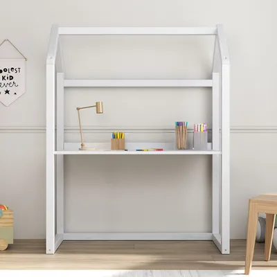 Produktbild von Kinderschreibtisch TINA in Hausform, weiß - höhenverstellbarer Schreibtisch für Kinderzimmer, mitwachsend und individuell anpassbar, aus Kiefer Massivholz