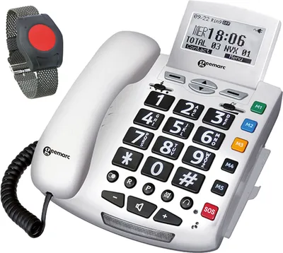 Image de ELDAT Fon Alarm APF03 : appel d'urgence à domicile, téléphone avec bracelet d'appel d'urgence ; téléphone fixe filaire avec bouton d'appel d'urgence et bracelet d'appel d'urgence