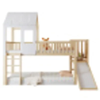 Produktbild von Weiß Etagenbett mit rechtwinkliger Leiter und Rutsche Hausbett mit Dach und Fenster mit Fallschutz und Gitter Rahmen aus Kiefer 90x200cm Ohne Matratze