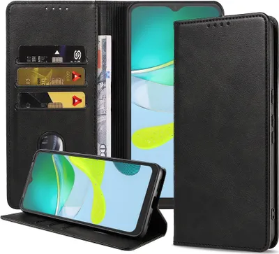 Produktbild von Smartphonica Handytasche passend für Motorola Moto E13 Kunstleder mit Magnetverschluss und Kartenfächern Bookcase mit Klappe - Schwarz