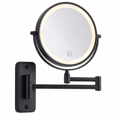 Image de Miroir de maquillage mural Relaxdays, avec éclairage LED, grossissant 10 fois, pivotant à 360°, Ø 17,5 cm, métal, batterie rechargeable via USB, noir