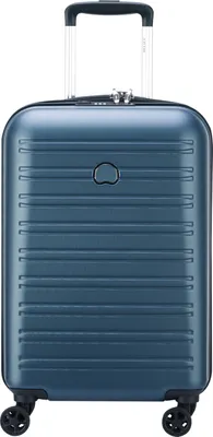 A blue Delsey suitcase on a white background.