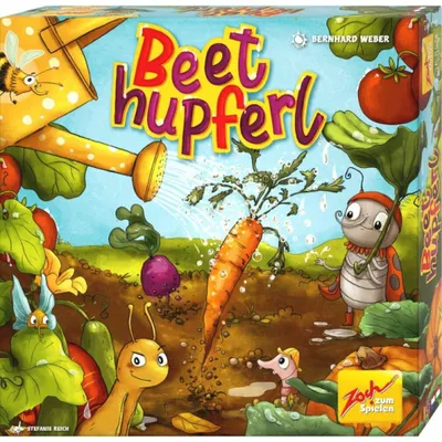 A colorful illustration of a board game box depicting a garden scene with vegetables and cartoon insects.