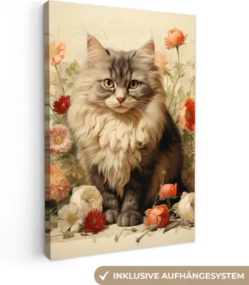 Obrázek produktu pro OneMillionCanvasses® - Obrazy na plátně - Vintage - Kočka - Květiny - Bílá - Příroda - Zvířata, nástěnné umění, nástěnné dekorace Obývací pokoj, 20x30cm