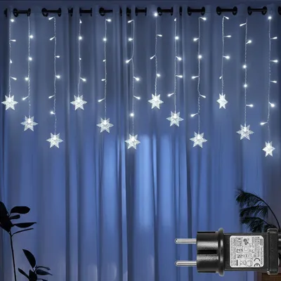 Produktbild von LED Schneeflocke Lichterkette Weiß Lichtervorhang 8 Lichtmodi Innen Party Garten Fenster Weihnachten Beleuchtung