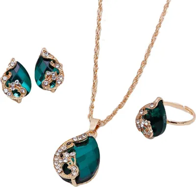 Produktbild von Frauen Strass Pfau Wasser Tropfen Anhänger Halskette Ohrringe Ring Schmuck-Set-Grün
