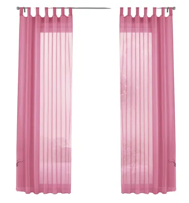 Two pink sheer curtains hanging on a rod.