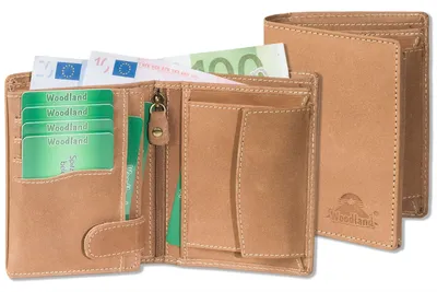 Produktbild von Woodland® Hochwertige Lederbörse mit RFID-Blocker Schutz im Querformat aus naturbelassenem Büffelleder in Cognac