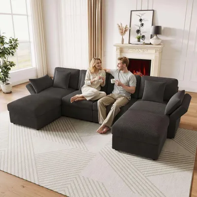 Immagine prodotto di Merax divano angolare a U 4-6 posti, con poggiapiedi, braccioli regolabili, divano moderno, divano, soggiorno, camera da letto, tessuto a coste, grigio